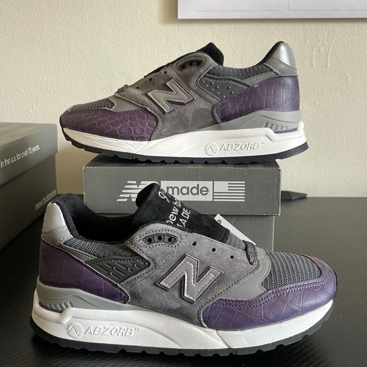 New Balance M998awh Is A Classic Traditional Shoe. This Comes With Purple Croc Print On The Toe And Heal With Mesh Toe Box And A Black Nubuck Tongue, A White Midsole And Black Outsole. Purple Lace-up New Balance Sneakers, Purple Sneakers With Vibram Sole For Streetwear, Purple Streetwear Sneakers With Vibram Sole, New Balance Purple Sneakers With Round Toe, Purple New Balance Sneakers With Cushioned Footbed, New Balance Purple Sneakers With Air Cushioning, Custom Purple Leather Sneakers With Cushioned Footbed, Purple Leather Sneakers With Cushioned Footbed, Purple Sneakers With Vibram Sole And Round Toe