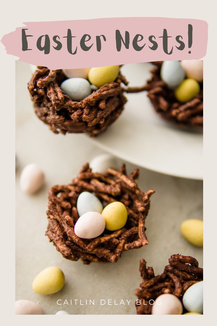 chocolate bird's nest cookies on a plate with candy eggs in the middle and text overlay that reads, easter nests