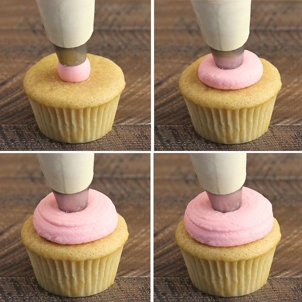 four pictures of cupcakes with pink frosting being piped into the icing