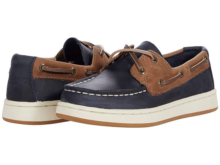 Sperry Kids Sperry Cup II Boat (Little Kid/Big Kid) - Boy's Shoes : Navy/Tan : Rock the Sperry Kids Sperry Cup II Boat shoes with just about any casual ensemble for a handsome look. Leather upper made with genuine hand-sewn Tru-Moc construction for durable comfort. 360° Lacing System with genuine raw hide laces and rustproof eyelets for a secure fit. Textile lining and insole. Memory foam footbed. Non-marking rubber outsole designed for great traction on wet surfaces. Imported. Measurements: Wei Fall Boat Shoes With Rubber Sole And Round Toe, Navy Casual Sneakers With Stitched Sole, Casual Leather Low-top Boat Shoes, Casual Boat Shoes With Rubber Sole And Moc Toe, Casual Boat Shoes With Rubber Sole, Casual Leather Boat Shoes With Textured Sole, Casual Leather Boat Shoes With Rubber Sole, Casual Leather Boat Shoes With Round Toe, Casual Low-top Boat Shoes With Contrast Sole