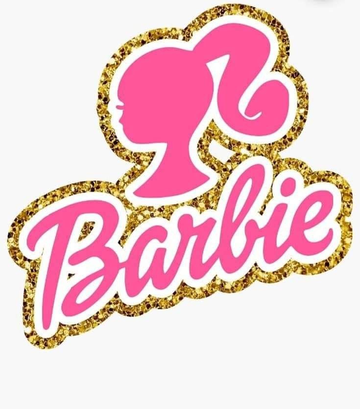 barbie name sticker in pink and gold glitter with the word barbie on it's side