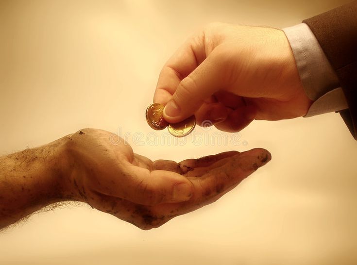 two hands are holding coins in their palms, and the other hand is reaching for them