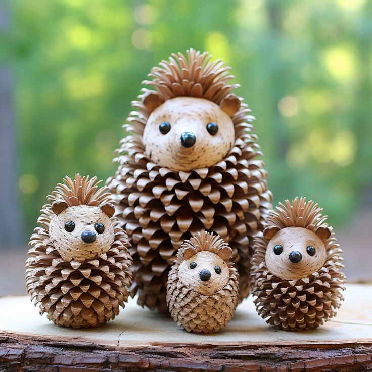 three little hedgehogs made out of pine cones