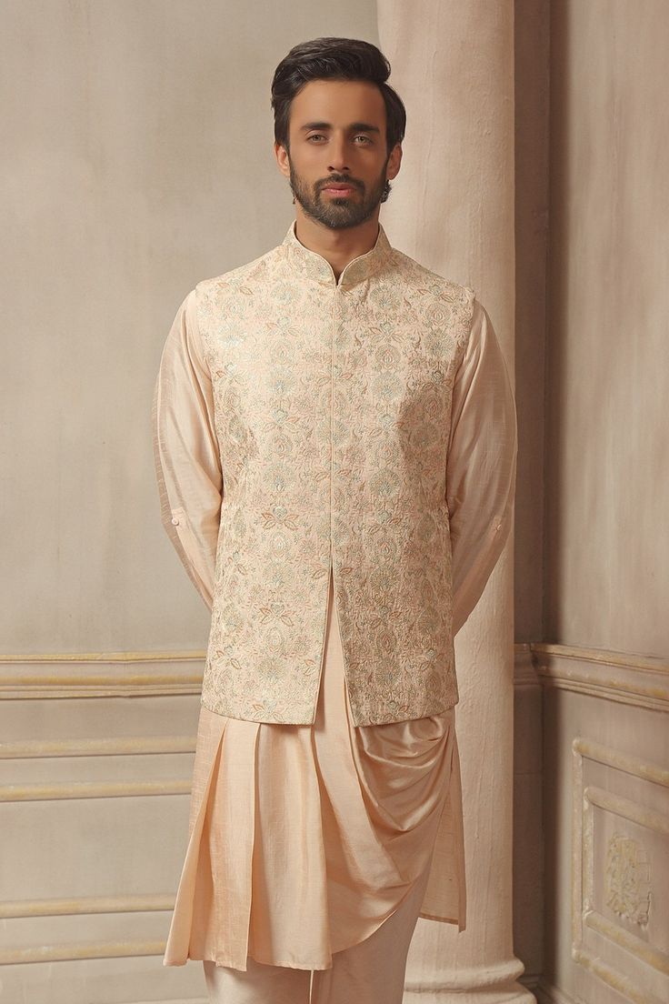 Kurta Set For Men, Embroidered Motifs, Beige Silk, Nehru Jackets, Embroidered Neckline, Fabric Silk, Churidar, Kurta Set, Embroidered Silk