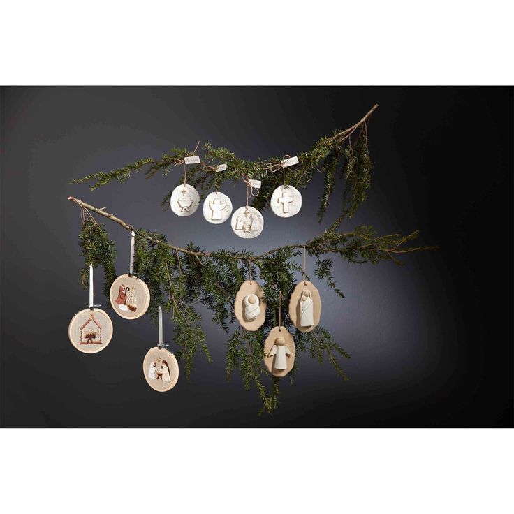 an arrangement of clocks hanging from a tree branch