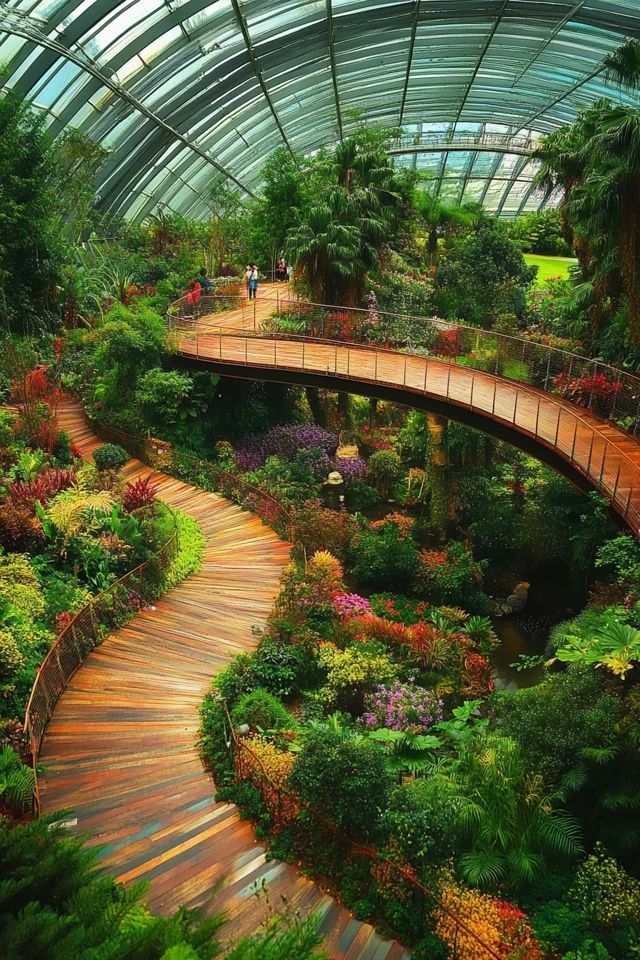 a wooden walkway in the middle of a garden filled with lots of trees and plants