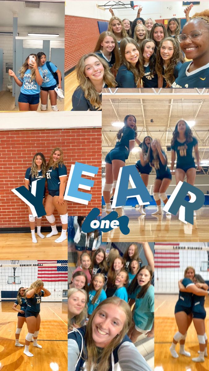 collage of photos with cheerleaders and the words leap one on them in blue