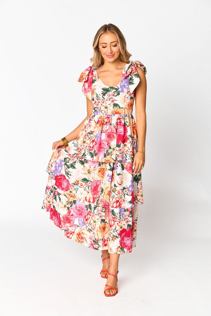 Timeless and girly, wear our new Drew Dress on weekends when you are feeling extra flirty. This maxi dress has a tie detail at the shoulder straps, and is made from a lightweight fabric that's perfect for spring and summer! Product Details: Fit: The Drew Dress fits true to size. Length: Midi length, hits right above the ankle Bust: Smocked back allows stretch Waist: Relaxed fit Fabric: Fabric contains no stretch Kimono Sweater, Girly Dresses, Dress Drawing, Tiered Midi Dress, Floral Outfit, Weekend Wear, 30th Birthday, Lightweight Fabric, Birthday Celebration