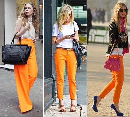 Orange pants and brown hermes belt! Color Pants Outfit, Bottoms Outfit, Orange Bottoms, Colorblock Pants, Jeans Street Style, Orange Pants, Color Pants, Colored Pants, Shades Of Orange