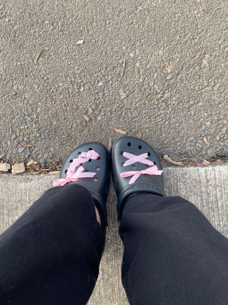 Laced Up Crocs, Crocs With Ribbon, Girly Crocs, Crocs Styling, Ribbon Shoe Laces, Styling Crocs, Casual Shoes Women Sneakers, Black Crocs, Crocs Fashion