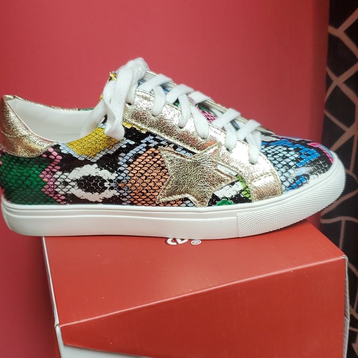 Shell Toe Style Snakeskin Sneaker Multicolor Round Toe Sneakers For Fall, Multicolor Sneakers For Spring Party, Trendy Multicolor Fall Sneakers, Multicolor Casual Party Sneakers, Sporty Spring Sneakers For Party, Casual Multicolor Party Sneakers, Trendy Party Sneakers For Spring, Multicolor Low-top Party Sneakers, Boutique Shoes