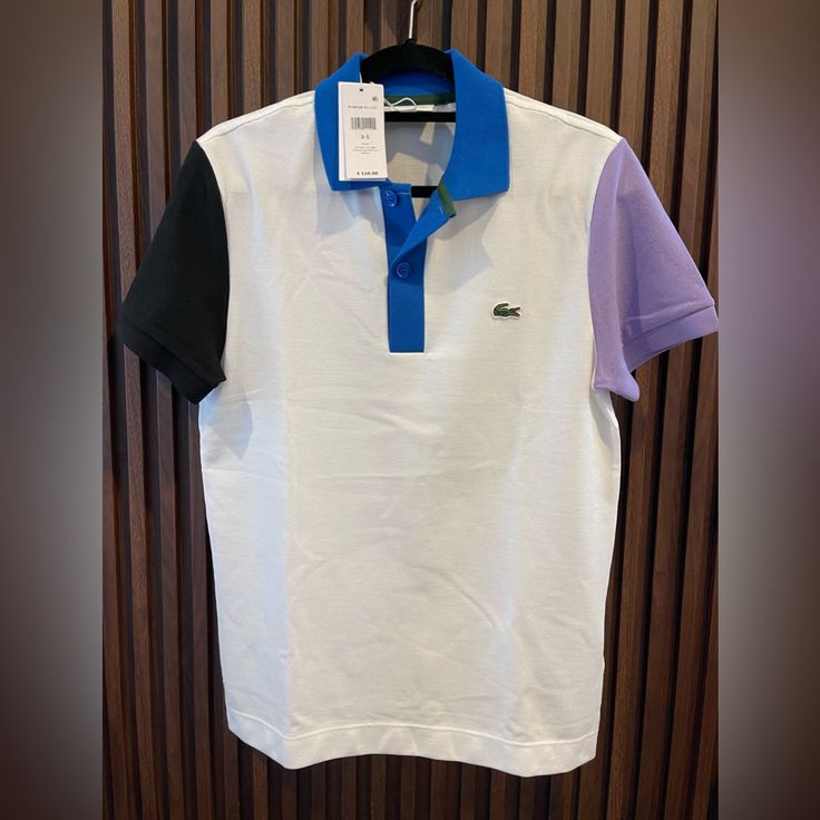 Lacoste Muticolor 100% Cotton Shirt-Purple, White, Black Size 3-S White Color Block Cotton Polo Shirt, Casual Purple Short Sleeve Polo Shirt, Casual Purple Cotton Polo Shirt, Purple Casual Polo Collar Shirt, Casual Purple Polo Collar Shirt, Casual Purple Polo Shirt, Lacoste Women, Cotton Shirt, White And Black