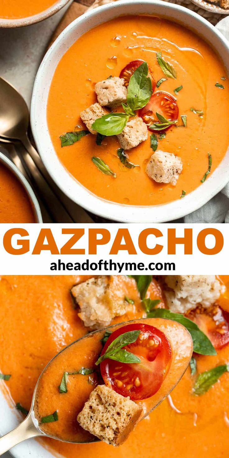 two pictures showing different types of soup in bowls with spoons and bread on the side