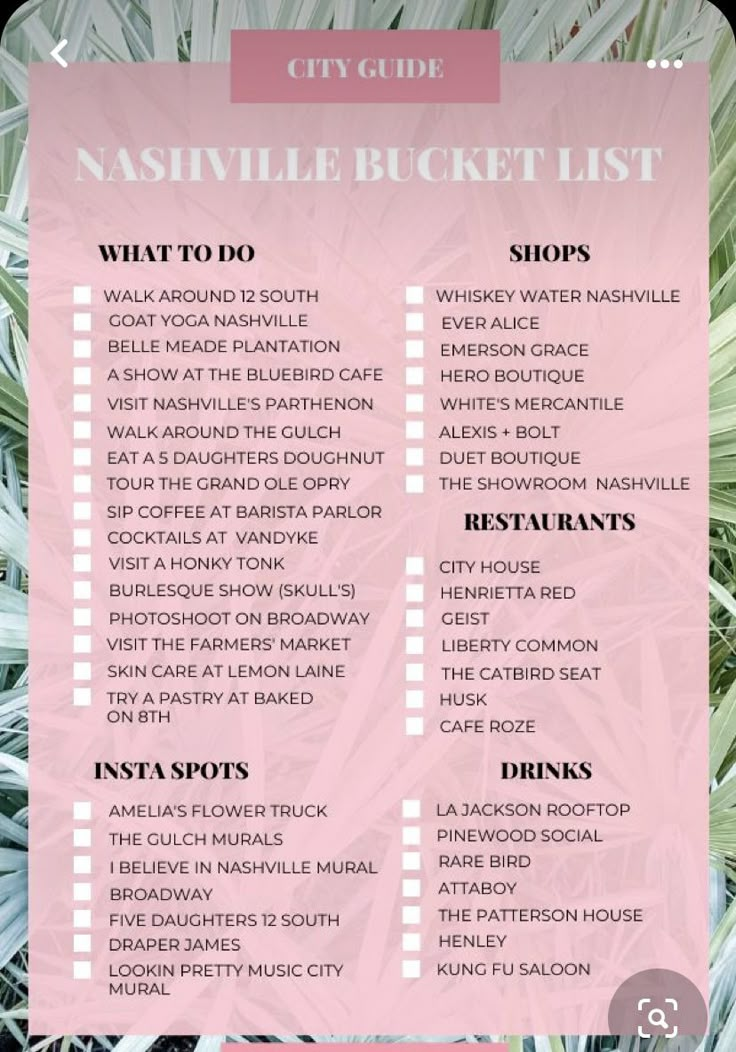 the nashville bucket list is shown in pink