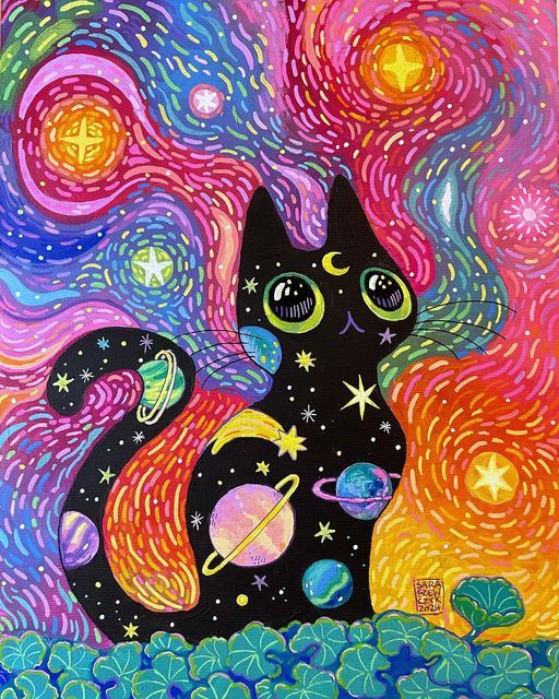 a painting of a cat sitting in the grass with stars and planets on it's back