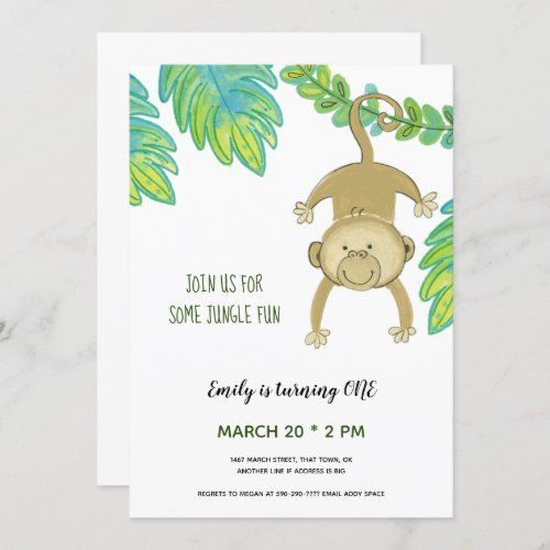 a card with a monkey hanging on a tree branch and the words, join us for some