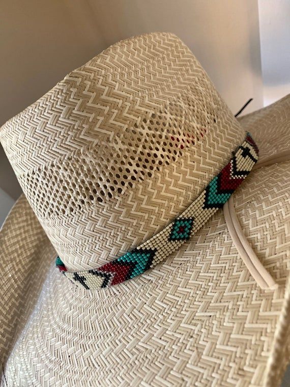 5/8 wide Cream Cross Diamond Hat Band. All bead work is beaded with 10lb extreme braided nylon line. All hat bands are finished at 23” with glued than sewed down leather ends and an adjustable leather tie. Cowboy Hat Bands, Beaded Hat Bands, Bead Loom Designs, Hat Bands, Beaded Hat, Gold Hats, Looks Country, Native Beadwork, Leather Tie