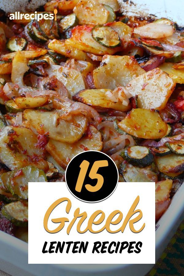 a white dish filled with cooked vegetables and the words 15 greek lenten recipes on it