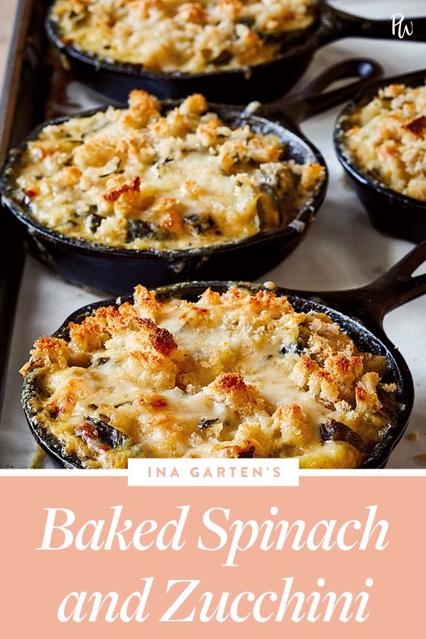 baked spinach and zucchini casserole in cast iron pans with text overlay