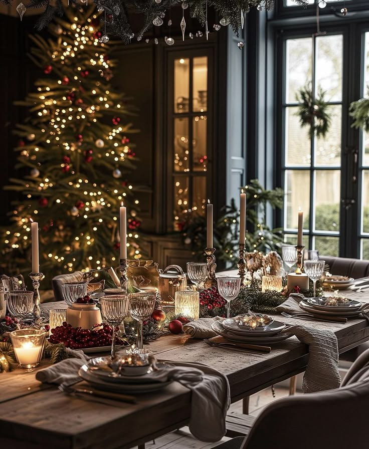 a dining room table set for christmas dinner with candles and decorations on the table in front of a lit christmas tree