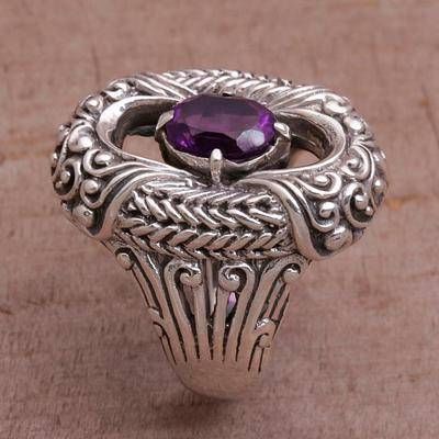 Amethyst cocktail ring, 'Purple Temple' - Amethyst and Sterling Silver Cocktail Ring from Bali Amethyst Cocktail Ring, Silver Cocktail, Amethyst Color, Balinese, Cocktail Ring, Cocktail Rings, Ring Designs, Class Ring, Beautiful Jewelry