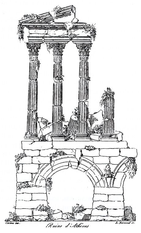 a drawing of an old fireplace with columns and flowers on the mantle, vintage line drawing or engraving illustration