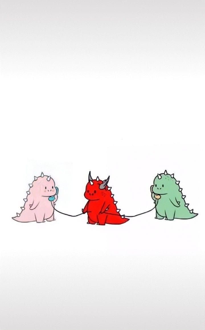 three little dinosaurs are pulling each other on a string with their tails in the air