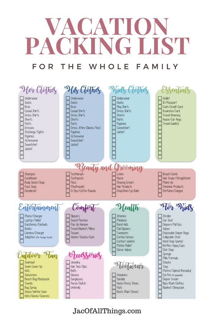 the vacation packing list for the whole family is shown in this printable version, which includes