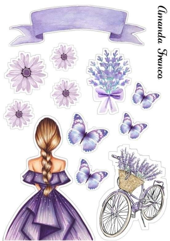 a drawing of a girl in a dress with flowers and butterflies around her, next to a bicycle