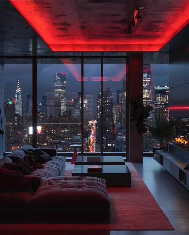 a living room filled with lots of furniture and tall buildings in the background at night