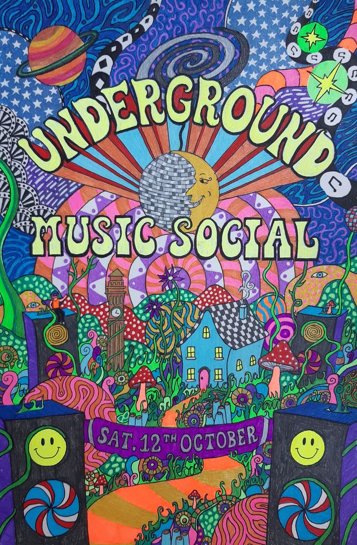 an advertisement for underground music social with colorful artwork and graphics on the front cover,