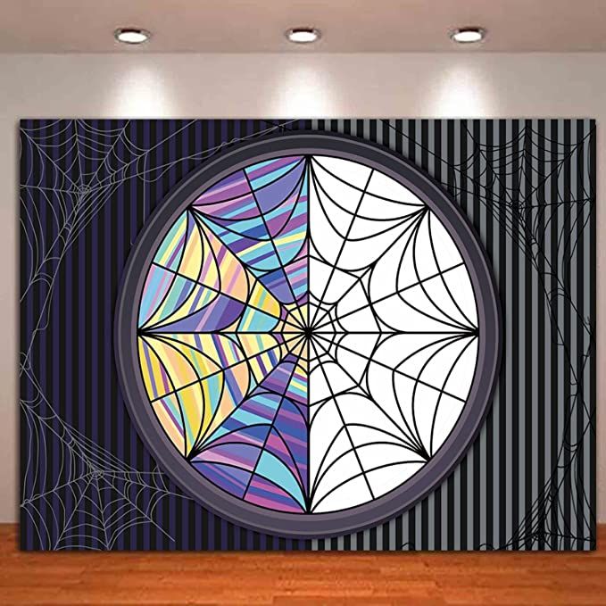 an abstract painting with spider webs in the center on a black and white striped wall