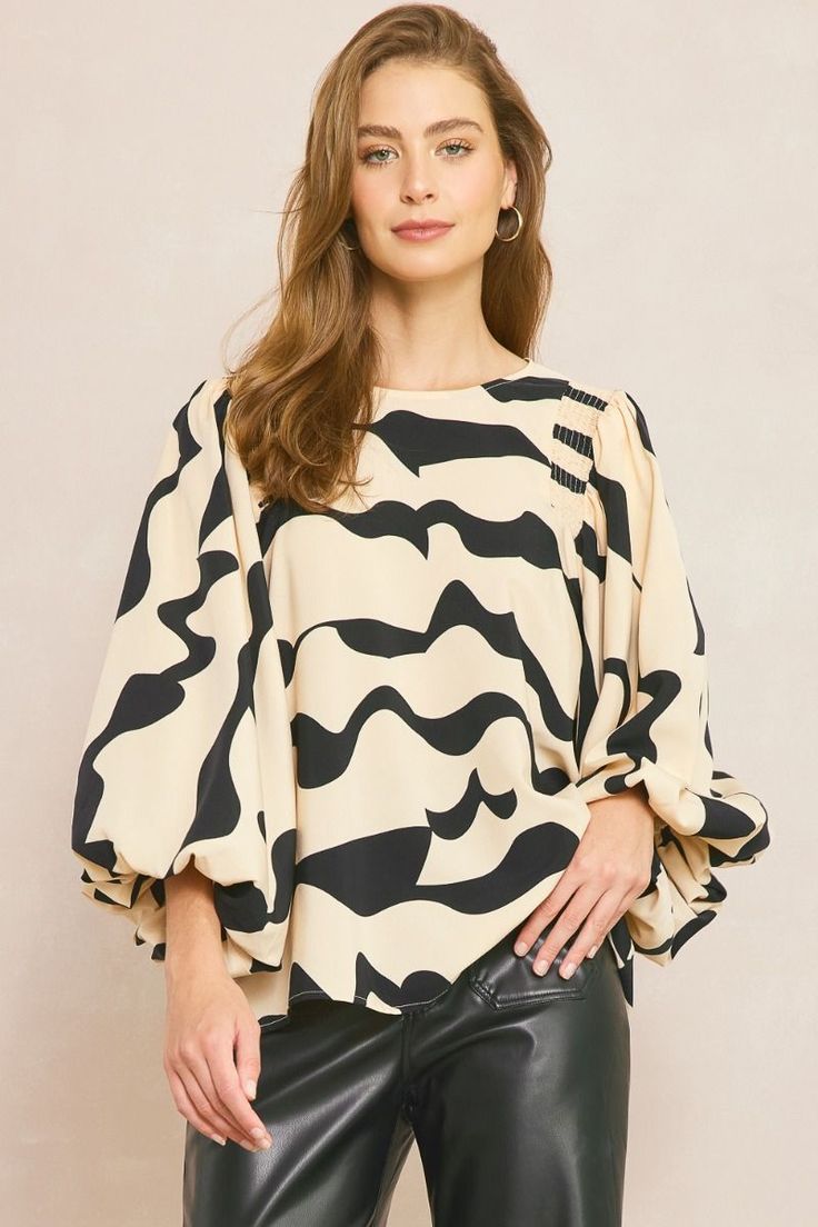 Entro Natural and black wave print blouse with long balloon sleeves Trendy Office Wear, Trendy Office, Balloon Sleeve Top, Wave Print, Black And White Color, Vintage Couture, Black And Cream, Dressy Tops, Midi Maxi Dress