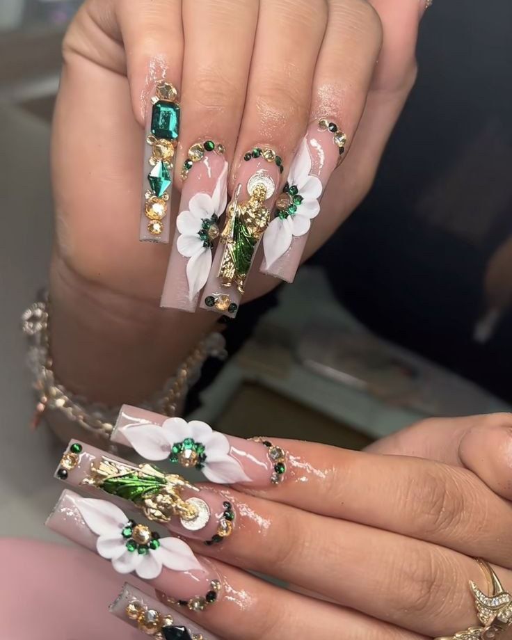 💡 ideas 💡 uñas sanjudas San Judas Nails, Hispanic Nails, Ideas Uñas, Long Acrylic, Acrylic Flowers, Square Acrylic Nails, Long Acrylic Nails, Flower Nails, Acrylic Nail Designs