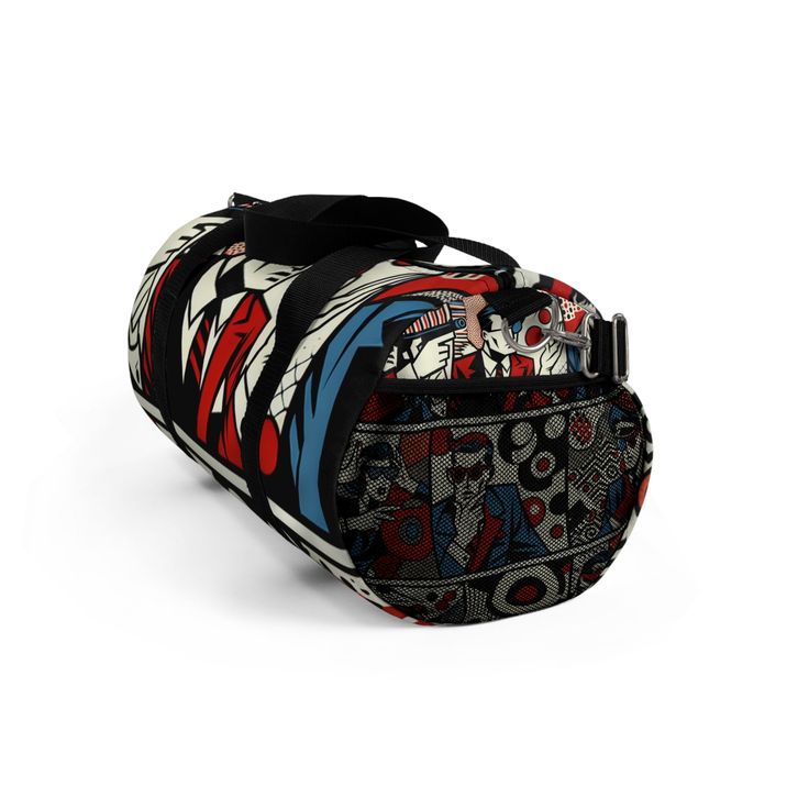 Express your playful side with our Red & White Pop Art Duffle Bag! Adorned with dynamic and playful cartoon characters, bold abstract shapes, and comic-style motifs, it brims with a trendy & contemporary aesthetic. With thick black outlines and classic Ben-Day dots, the bag perfects the balance between large and small elements, creating an engaging visual composition. This eye-catching, modern bag embodies sophistication with a twist. #DuffleBag #PopArt #RedAndWhite #CartoonPrint #AbstractShapes #ComicStyle #BenDayDots #PlayfulDesign #ModernAesthetic #SophisticatedStyle Functional Multicolor Bags For Streetwear, Black Graphic Print Bags For Streetwear, Black Bags With Graphic Print For Streetwear, Black Graphic Print Bag For Streetwear, Functional Black Bag With Case Included, Retro Travel Bag With Graphic Print, Black Travel Bag With Graphic Print, Casual Black Bags With Graphic Design, Retro School Bags With Graphic Print