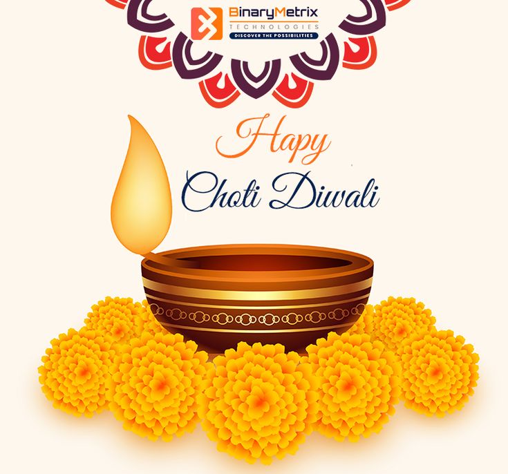 happy chati diwali greeting card with yellow flowers and candle on white background