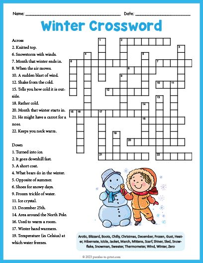 a crossword puzzle with an image of a person and a snowman on it