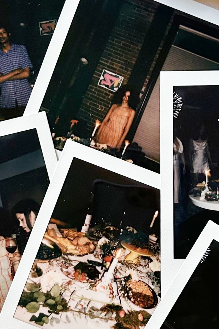 several polaroid photos of people and food on a table