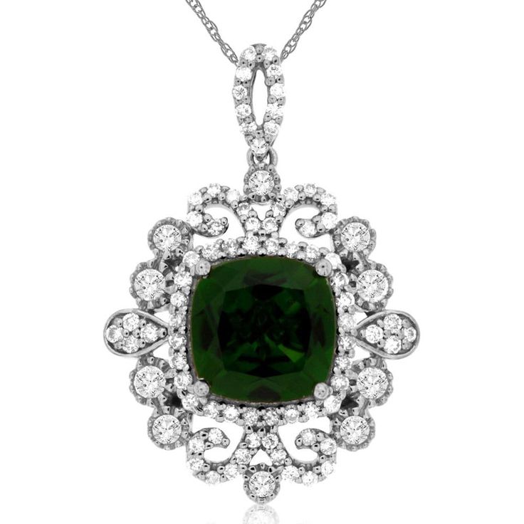 Royal 14K White Gold Pendant with Cushion Cut Russalite - 2.15 Carat and Halo of Diamonds - 0.57 Carat Total Diamond Weight Elegant Cushion Cut Gemstones With Prong Setting, Elegant Cushion Cut Gemstone With Center Stone, Elegant Cushion Cut Gemstones, Exquisite Cushion Cut Gia Certified Jewelry, Luxury Green Cushion Cut Jewelry, Gia Certified Green Cushion Cut Jewelry, Green Cushion Cut Jewelry For Formal Occasions, Formal Green Cushion Cut Jewelry, Green Cushion Cut Diamond Jewelry