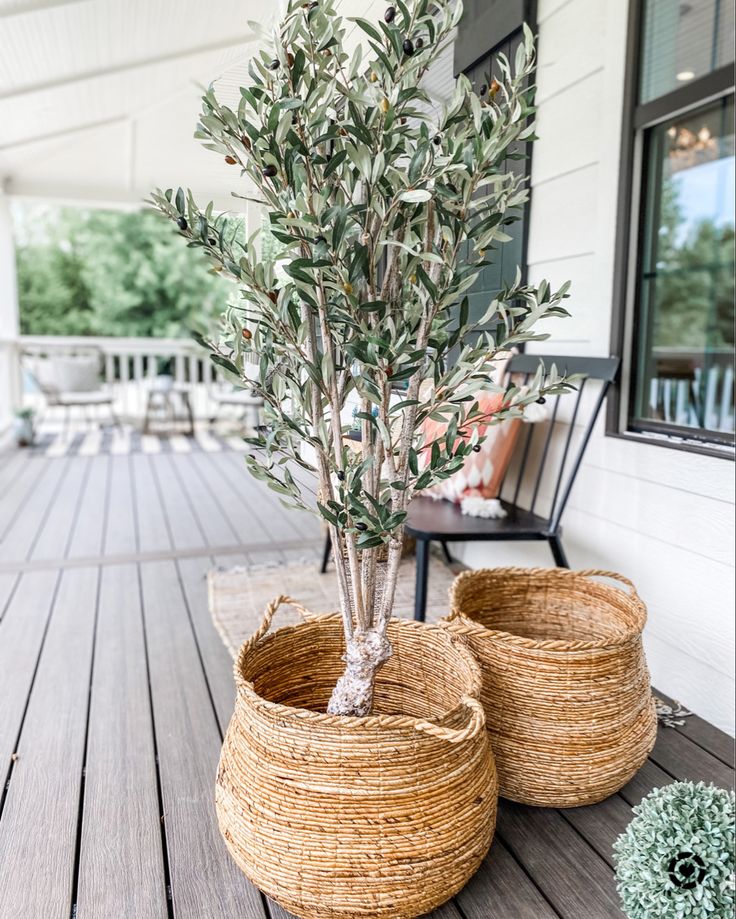 a potted plant sitting on top of a wooden floor next to two baskets filled with plants