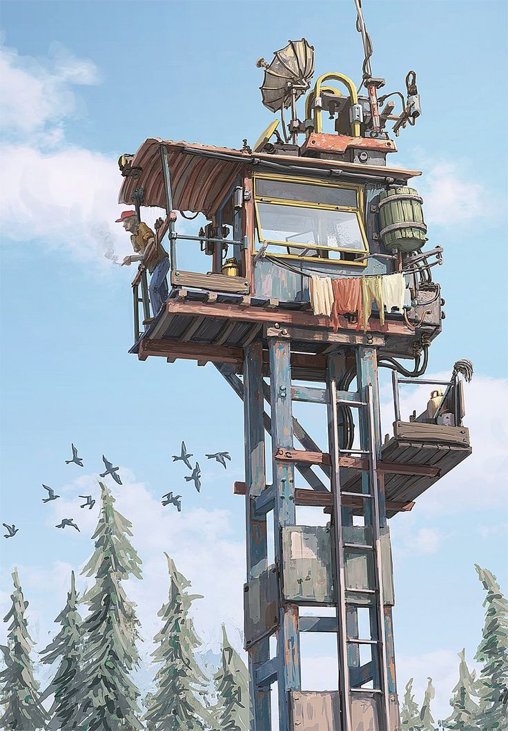 a painting of a tower with birds flying around and people on the roof looking at it