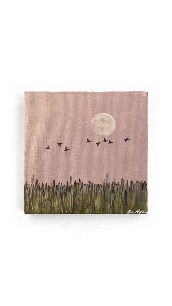 a painting of birds flying in front of a full moon on a pink sky background