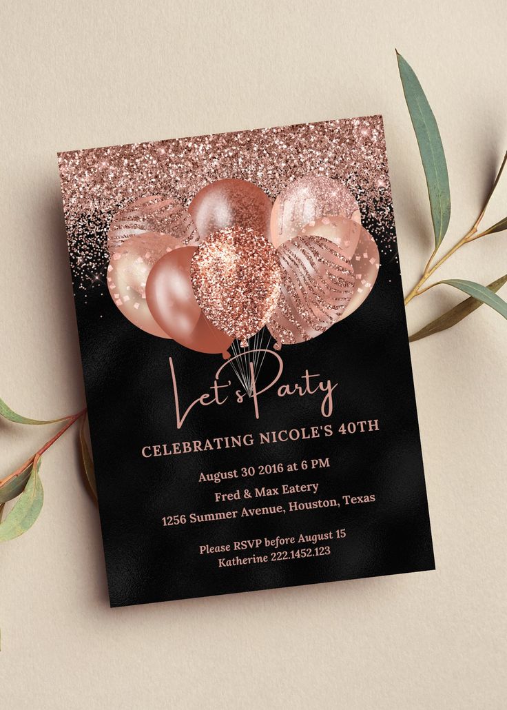 a black and gold party card with pink balloons on it, surrounded by greenery