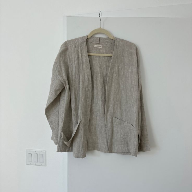 Brand New. Never Worn. 100% Linen. Stunning Quality Piece. One Size. Classic Everyday Linen Outerwear, Classic Linen Outerwear For Everyday, Classic Linen Outerwear For Daywear, Classic Linen Outerwear For Spring, Neutral Long Sleeve Blazer For Everyday, Spring Neutral Cardigan With Pockets, Neutral Linen Outerwear For Everyday, Everyday Neutral Linen Outerwear, Spring Linen Outerwear For Everyday