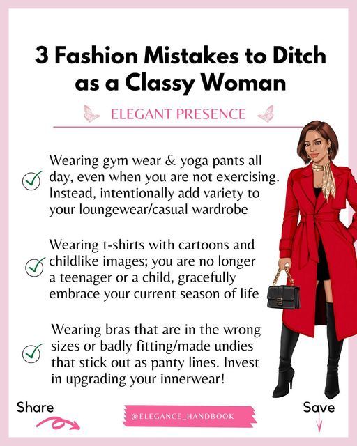 Ms. Daisy | Certified Life Coach on Instagram: "Fashion is all about finding your personal style and feeling confident in what you wear. However, there are certain mistakes that can detract from that confidence and make you look less than polished. And today’s post covers 3 mistakes you should ditch in 2023! Keen on working on your style? Get the Elegant Style Handbook for only $20 via the link on our profile page @elegance_handbook" Awakened Woman, Female Fatale, Baddie Advice, Fashion Terminology, Good Leadership Skills, Classy Yet Trendy, Style Chart, Look Polished, Fashionably Late