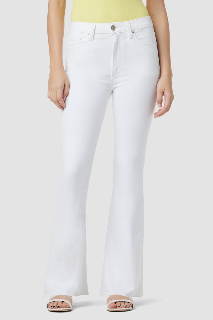 Description Our Holly High-Rise Flare Barefoot Jean in Spring White is cut with a shorter inseam to hit below the ankle from premium super stretch denim. It features an elevated waistline, classic five-pocket details, and a fitted leg that breaks at the knee. Product Details Front Rise: 11", Leg Opening: 22.5", Inseam: 30"Model Height 5'9"Model wearing size 25Measurements based on size 27 Fit & Care Content: 90% Cotton, 8% Recycled Polyester, 2% ElastaneMachine wash cold with like colorsDo not b White Stretch Flare Jeans, Trendy White Stretch Flare Jeans, White Fitted Flare Bottoms, Fitted White Flare Bottoms, White Fitted Bottoms With 5-inch Inseam, High Rise White Elastane Bottoms, White High Rise Elastane Bottoms, Classic White Flare Bottoms, White Stretch Flare Jeans For Spring