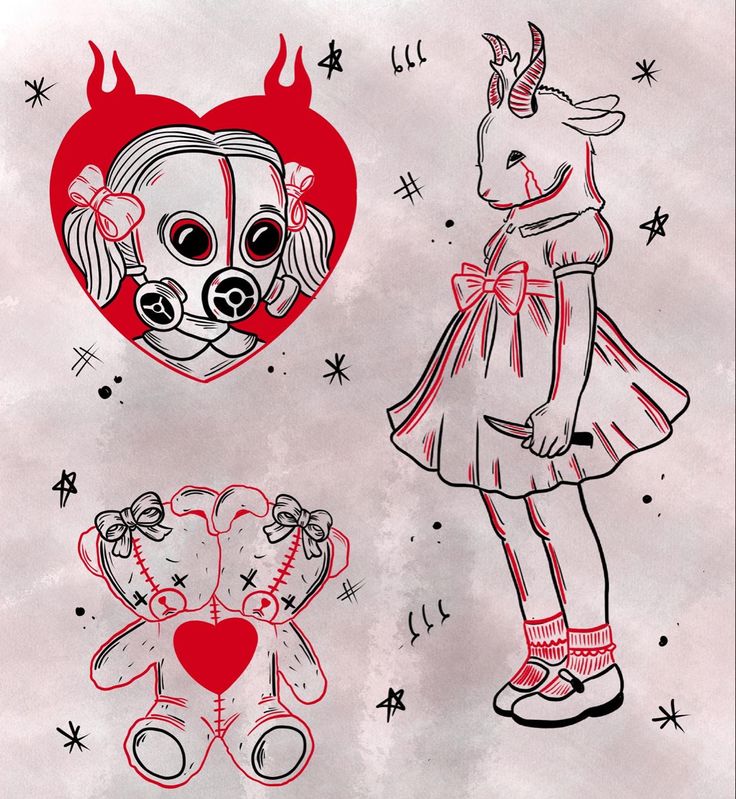 two drawings of girls with hearts and demon masks