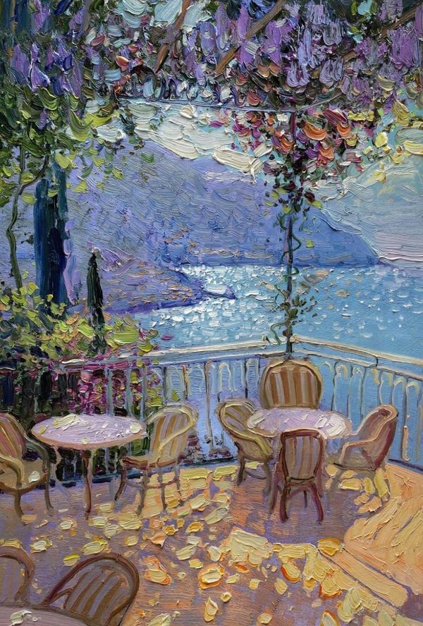 an oil painting of tables and chairs on a balcony overlooking the water with wistery trees