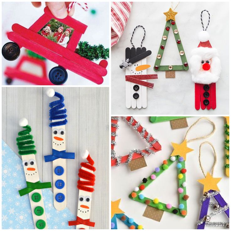 christmas crafts made from popsicle sticks and paper machs are featured in this collage