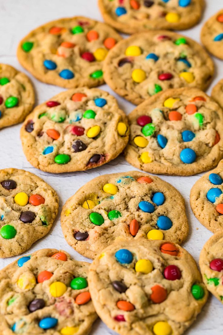 chocolate chip cookies with m & m candy on top